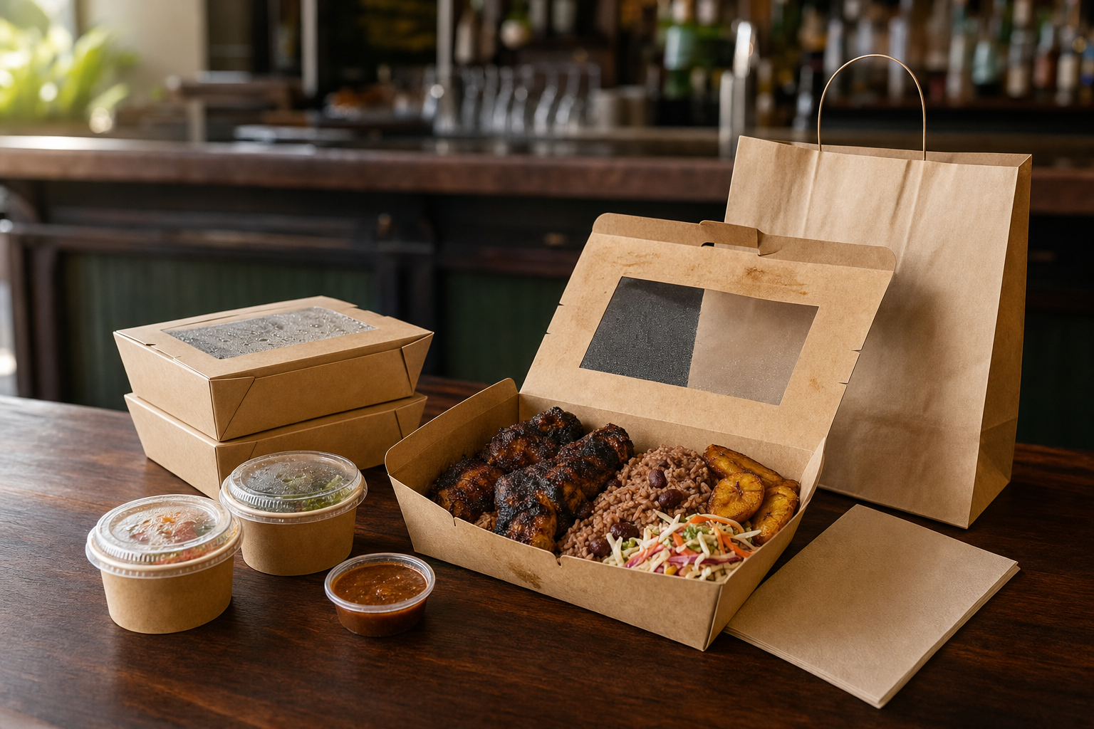 Takeaway meal with grilled chicken, rice, plantains, and coleslaw in eco-friendly packaging on a wooden table.