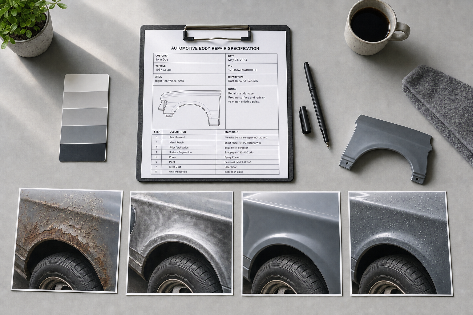 Automotive repair plan with a diagram, paint samples, repair tool, and sequential wheel arch repair photos.