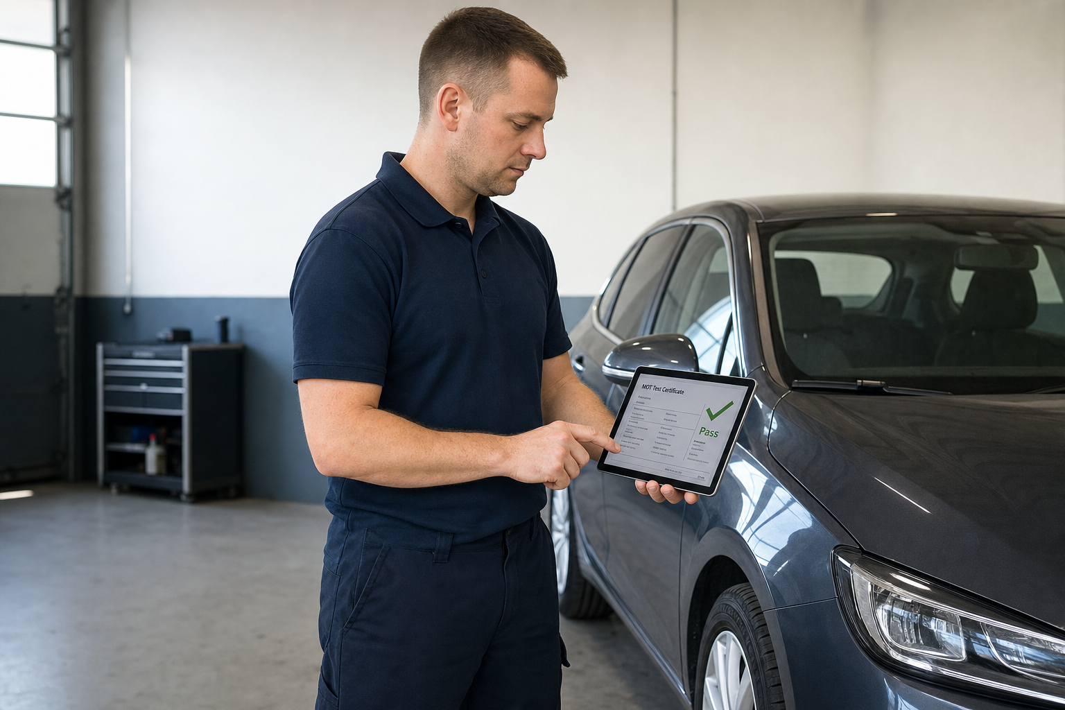 Mechanic reviewing an MOT test certificate on a digital tablet next to a grey car in a garage.