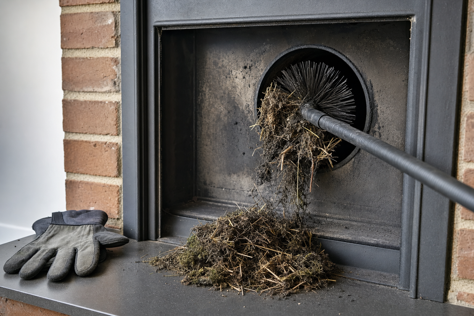 A chimney sweep brush removes debris from a fireplace next to a pair of protective gloves.