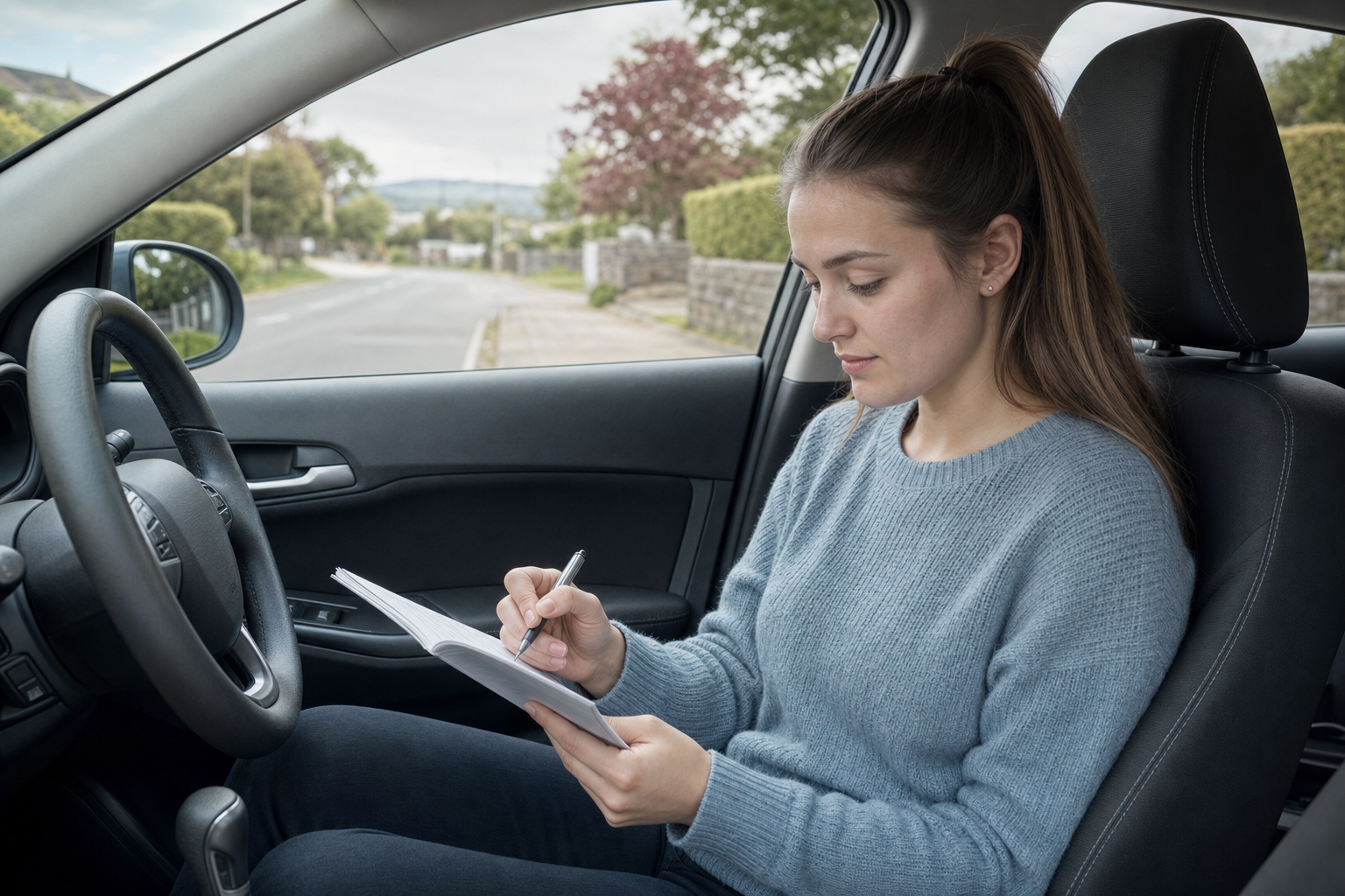 Woman sitting in a parked car writing in a notebook with a pen.