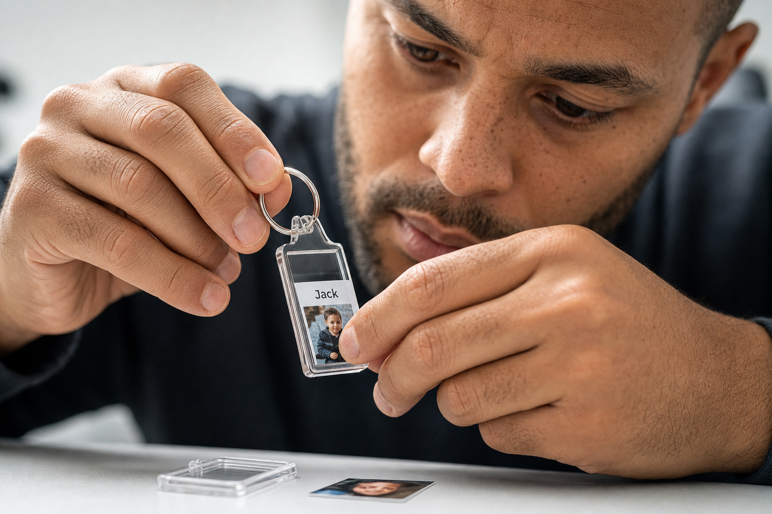 Man carefully assembling a keyring with a photo labelled "Jack."