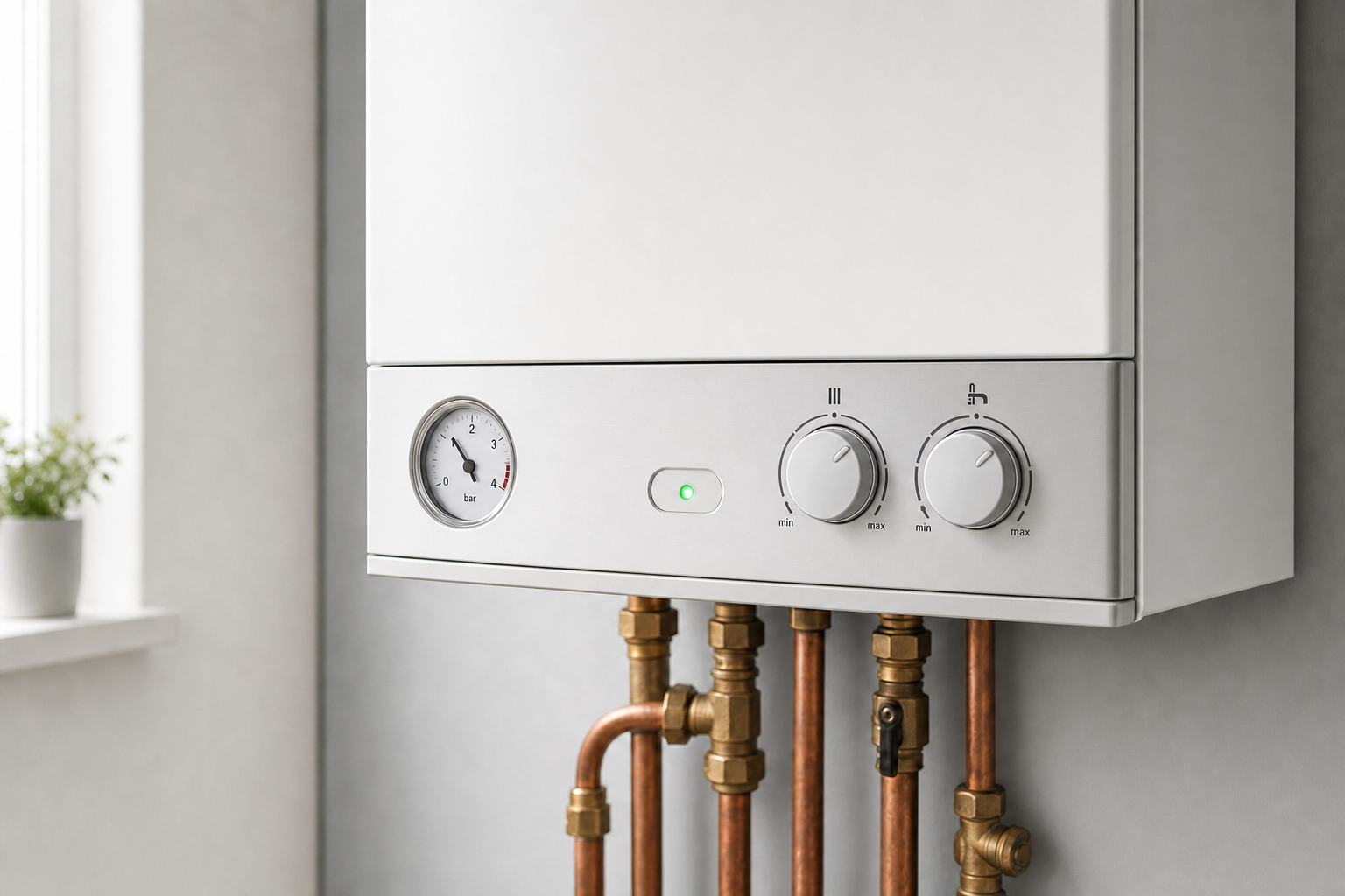 Modern white boiler with pressure gauge and control knobs, showing copper pipes beneath, installed indoors.