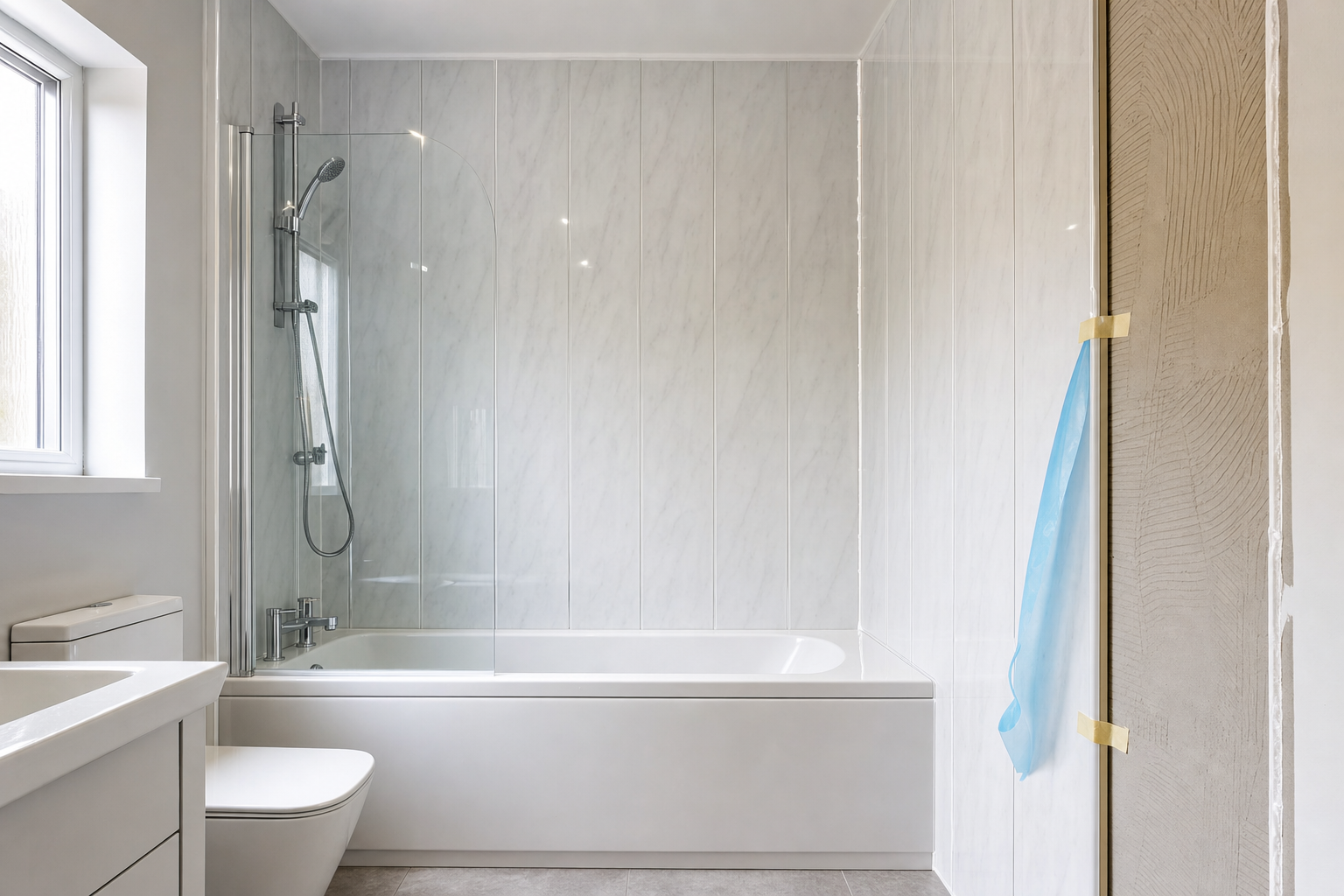 Modern bathroom with a bathtub, shower, and a translucent blue shower curtain, featuring light grey tiles.