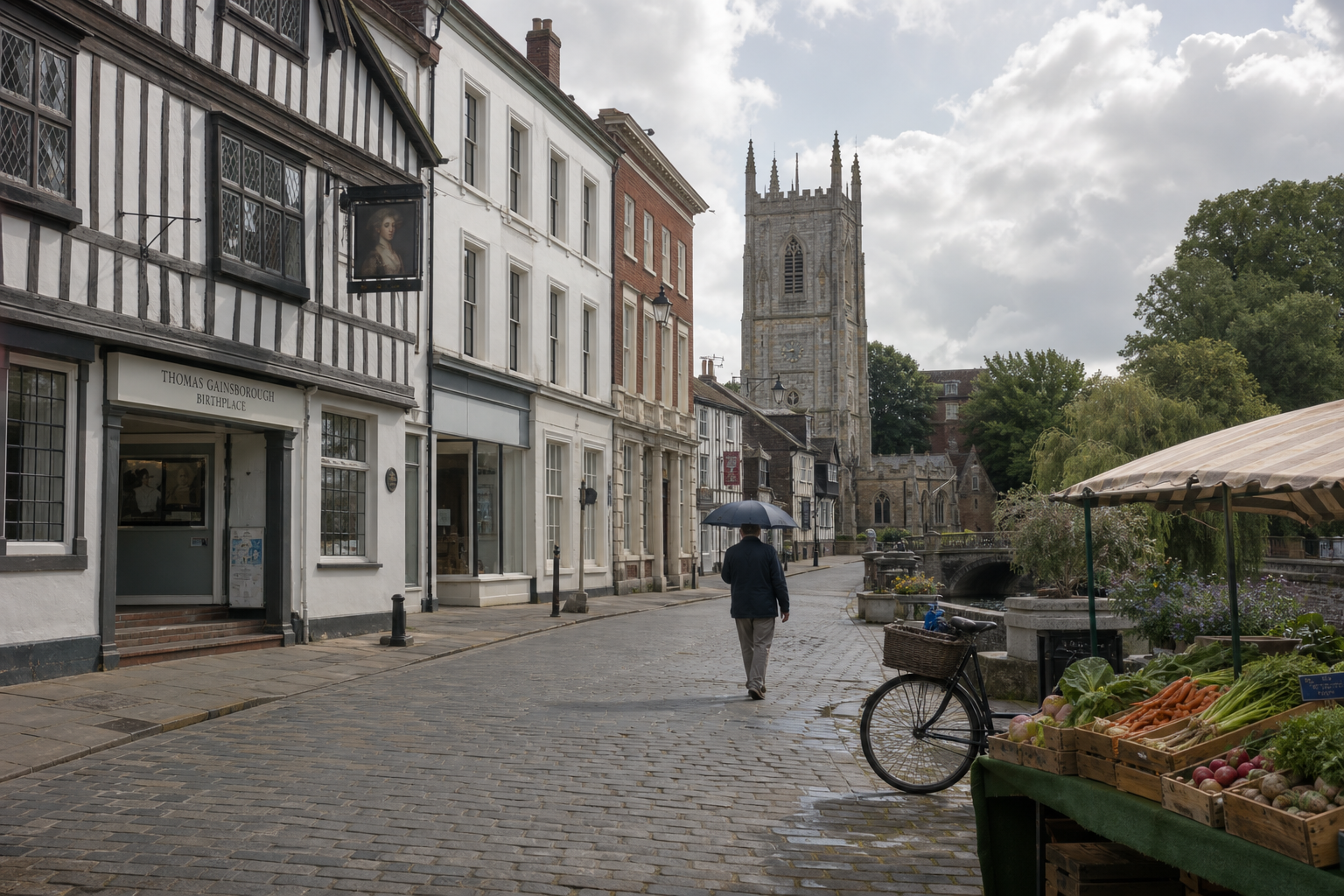 Person walking with an umbrella on a cobblestone street with historic buildings and a church in the background.