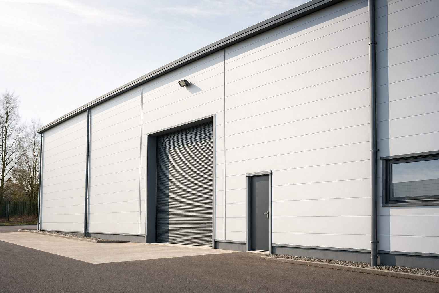 Industrial warehouse exterior with a large grey roller door, side door, and paved driveway.
