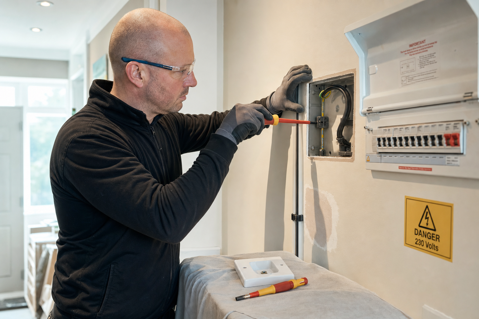Electrician wearing safety glasses and gloves uses a screwdriver on a fuse box in a residential setting.