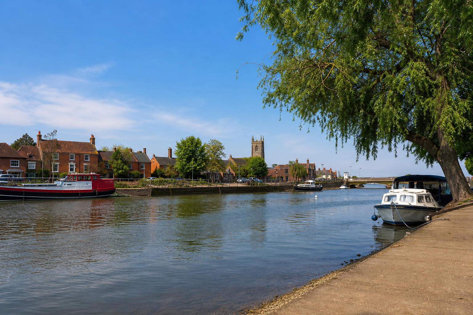 Tranquil riverside scene with boats, red-brick buildings, and a church tower under a clear blue sky.