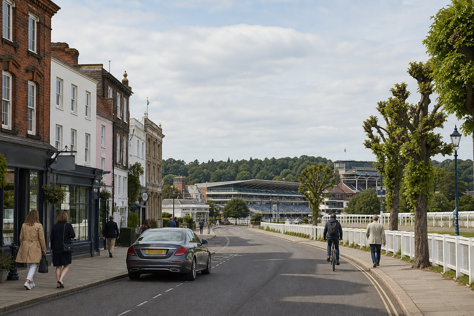 Street view with historic buildings, people walking, and a cyclist, featuring a racecourse in the background.