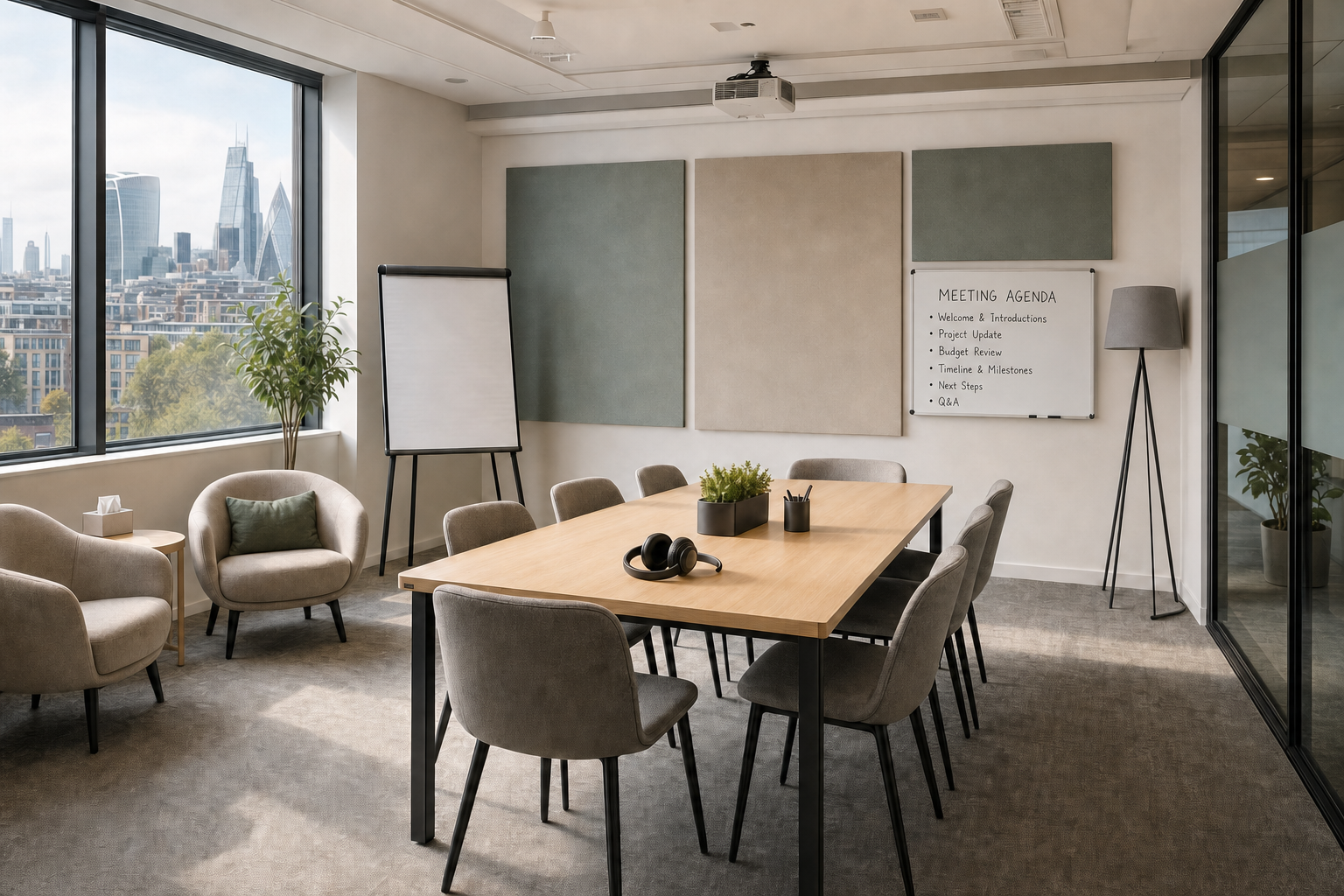Modern meeting room with a large table, chairs, flip chart, and a cityscape view through the windows.