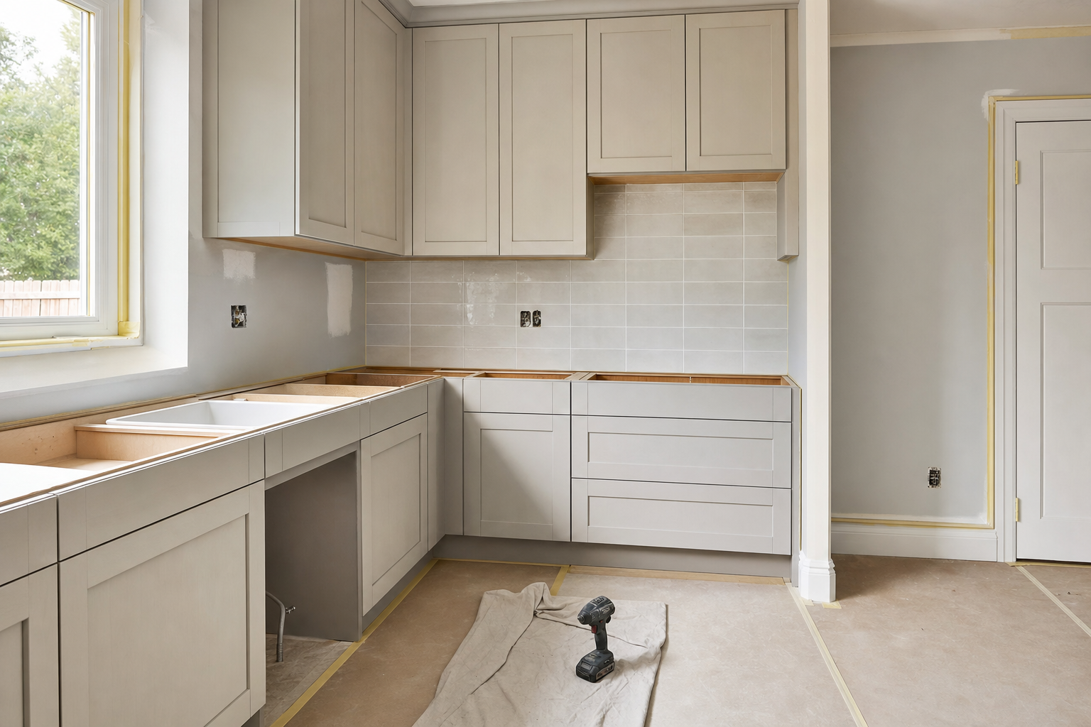 A newly renovated kitchen with grey cabinets, missing appliances, and a drill on a protective sheet on the floor.