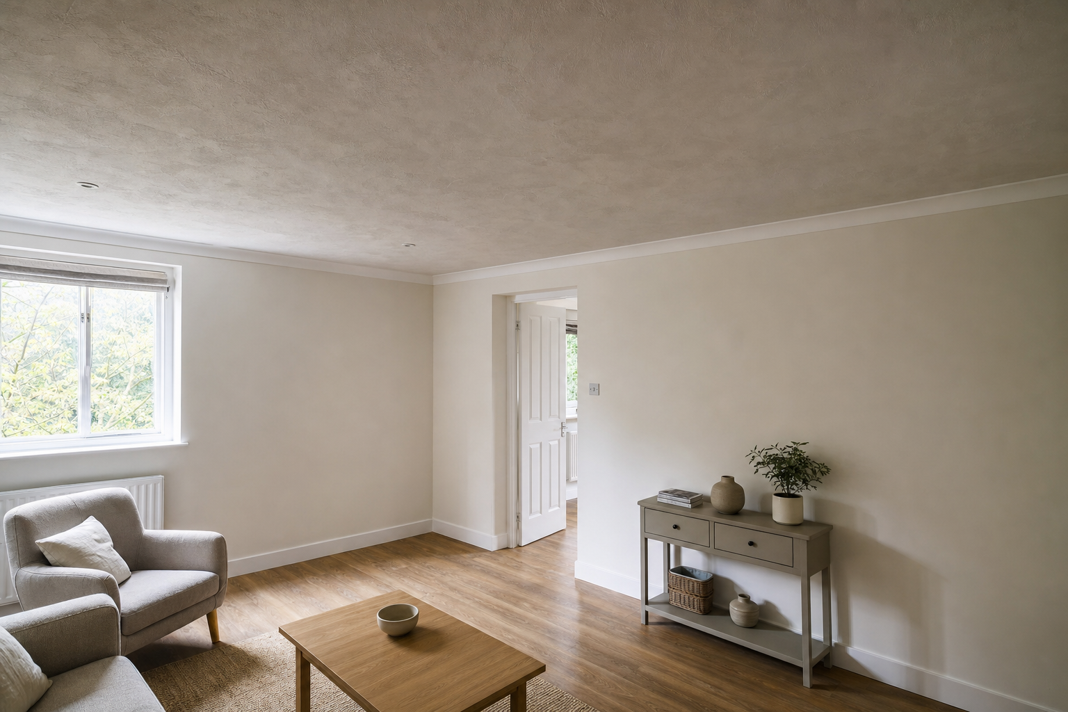 Minimalist living room with light beige walls, wooden flooring, a grey armchair, and a console table with plants.