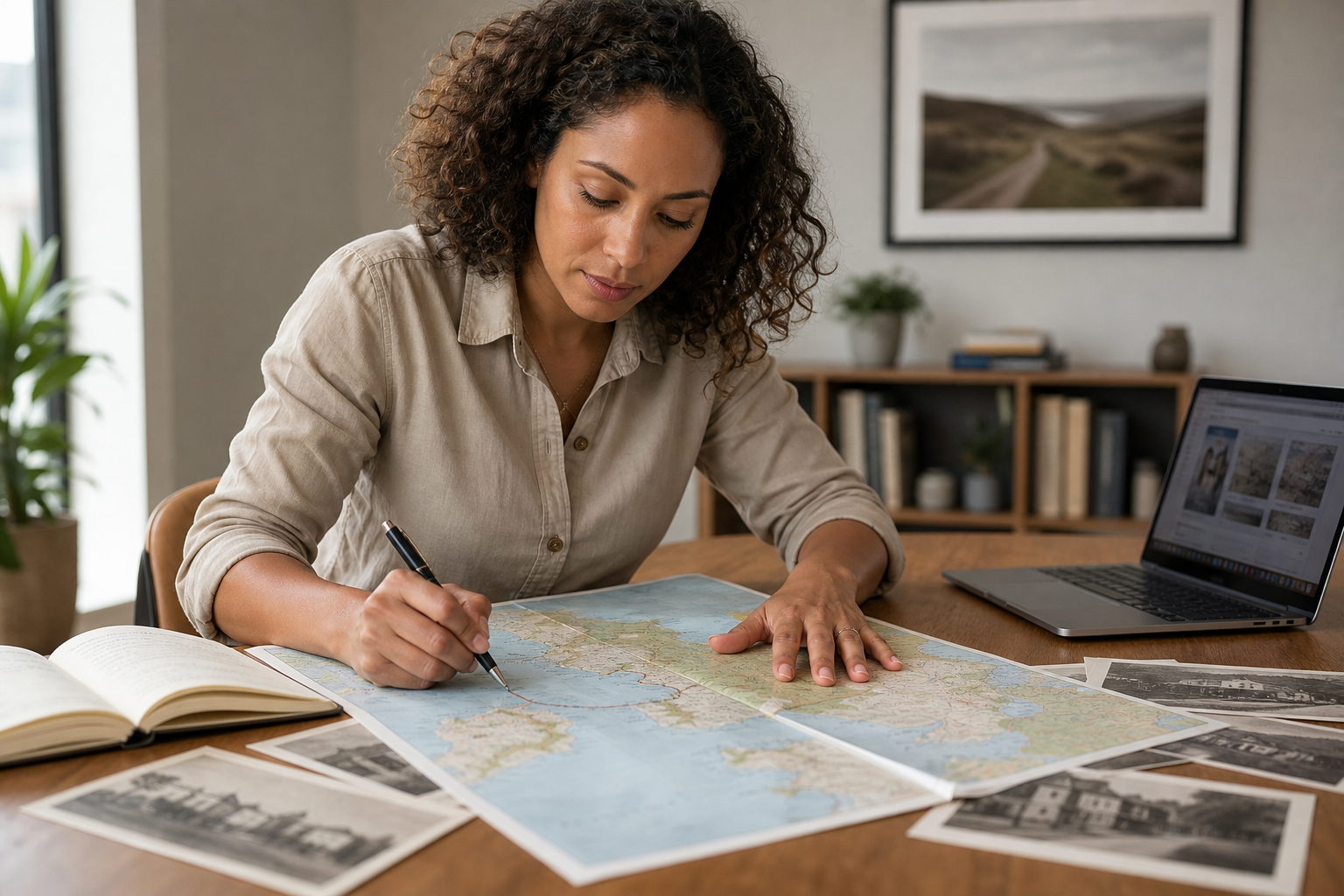 A woman studies a world map spread on a wooden table, surrounded by a notebook, photos, and a laptop in a cosy room.