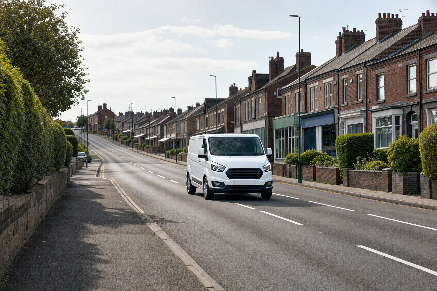 A white van drives down a quiet, residential street lined with terraced houses and green bushes.