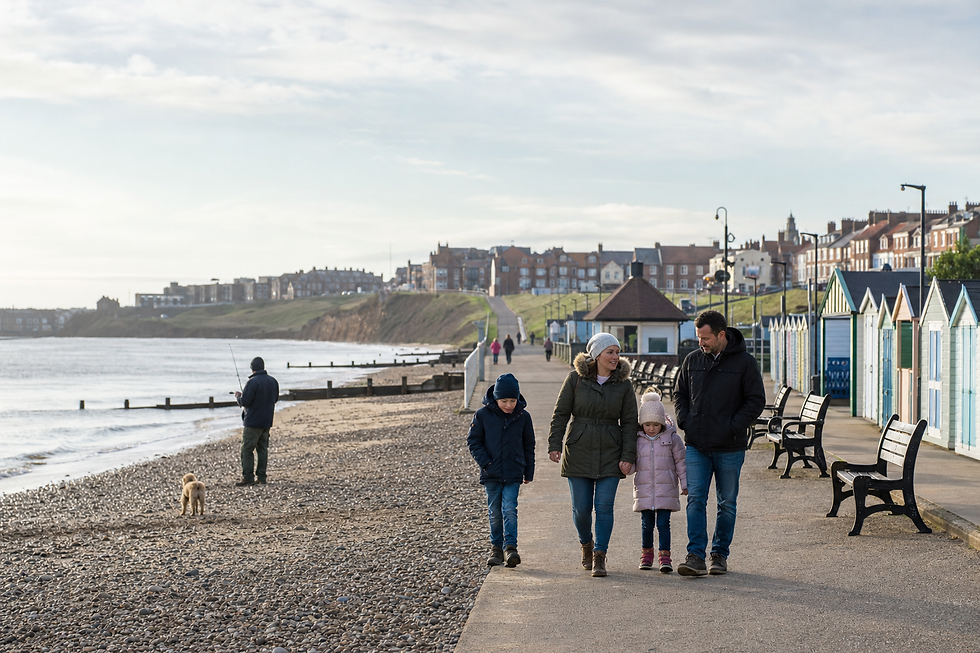 A family walks along a coastal promenade past colourful beach huts, while a person fishes on the pebble beach nearby.