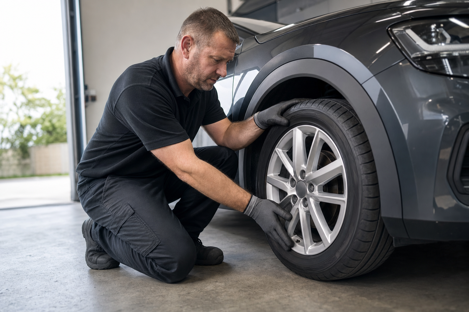 Mechanic kneeling beside a car, wearing gloves and inspecting the front tyre in a garage.