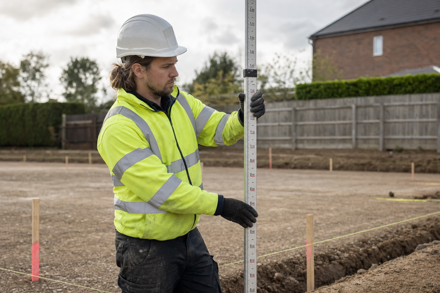 Construction worker in a high-visibility jacket using a levelling staff on a building site.