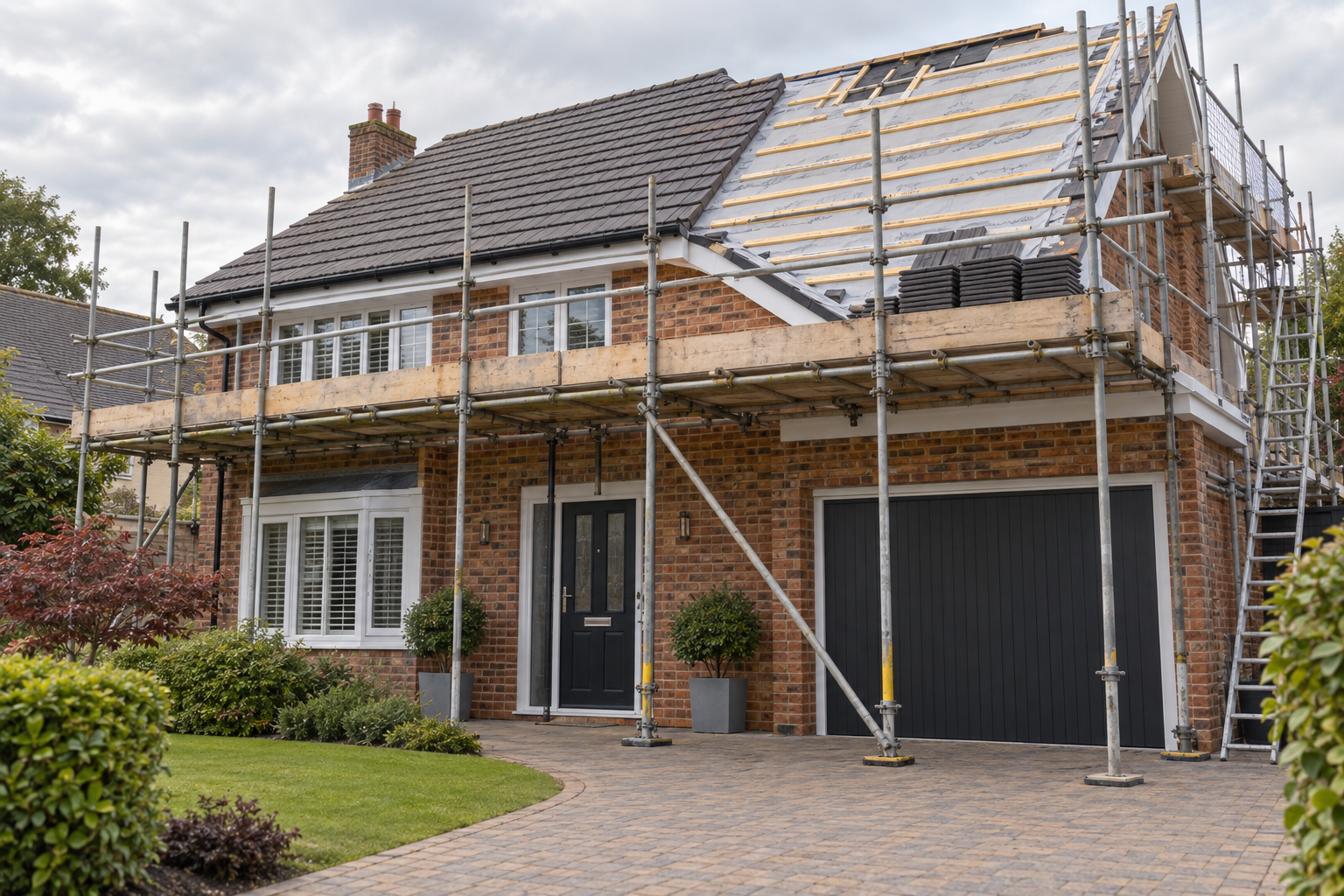 Scaffolding surrounds a red brick house with a partially renovated roof.