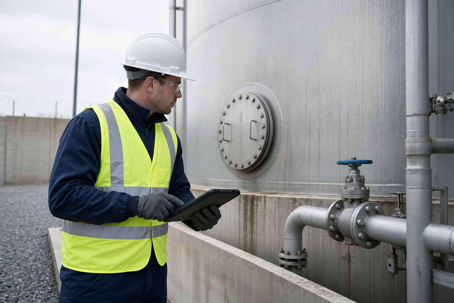 Engineer in a high-visibility vest and hard hat inspecting industrial equipment with a tablet.