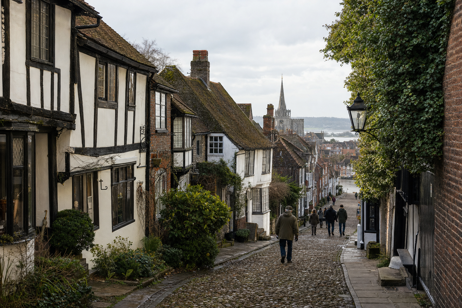 A cobblestone street lined with historic buildings leads downhill towards a distant spire and body of water.