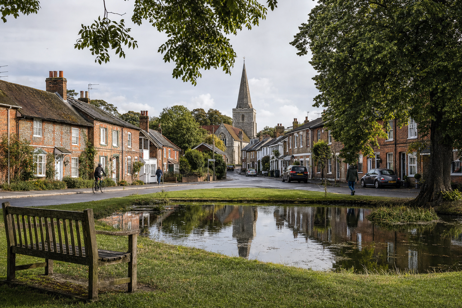 A quaint village street with a church spire, brick houses, and a peaceful pond with a wooden bench in the foreground.