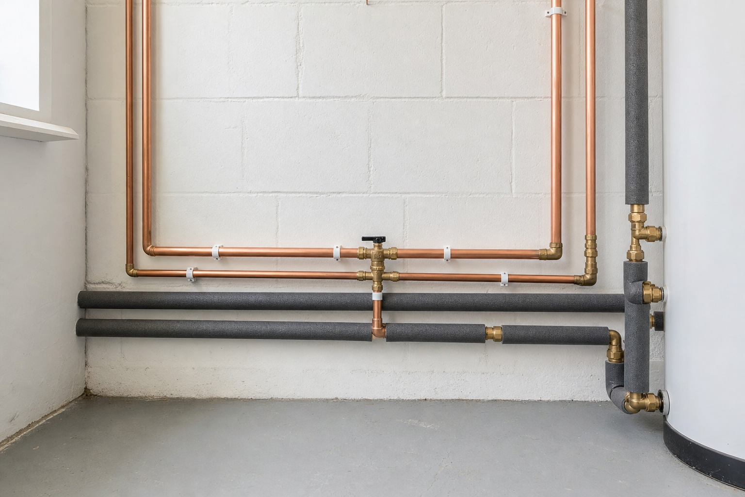 Copper and insulated pipes with brass valves are neatly arranged against a white brick wall.