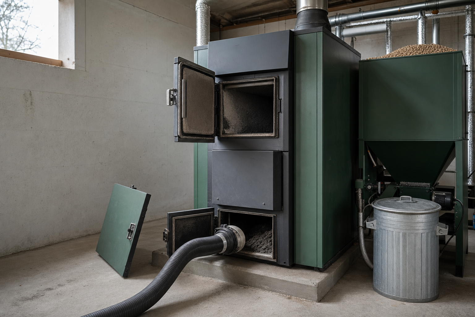 Modern green biomass boiler with open doors and attached hose in a utility room with concrete walls.