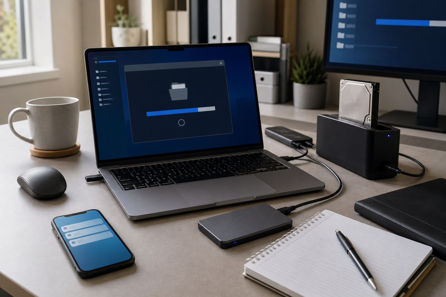 Laptop on a desk with a phone, external hard drive, notebook, pen, and a cup, showing a file transfer process.