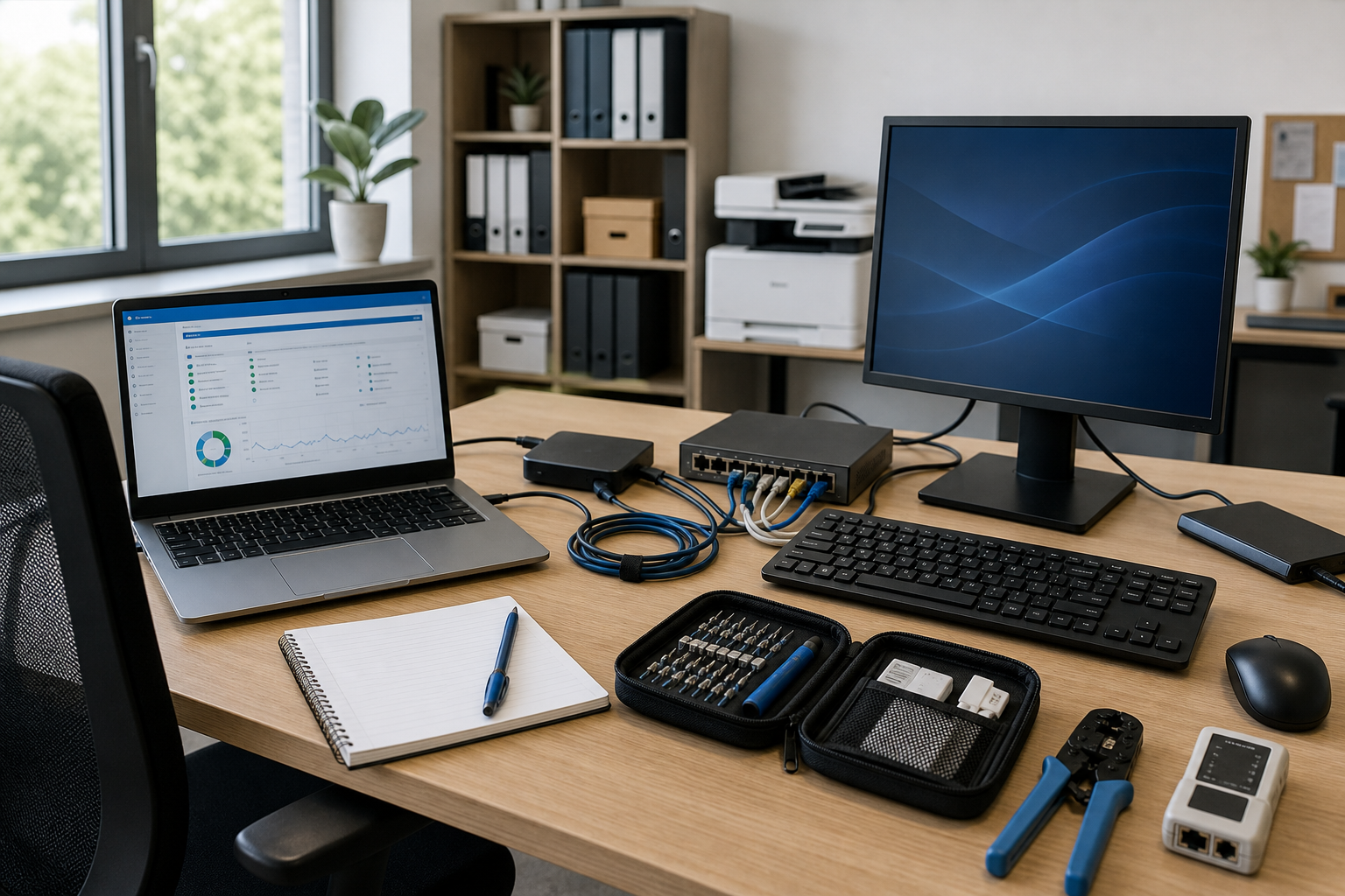 Office desk with laptop, monitor, networking tools, and a network switch setup.