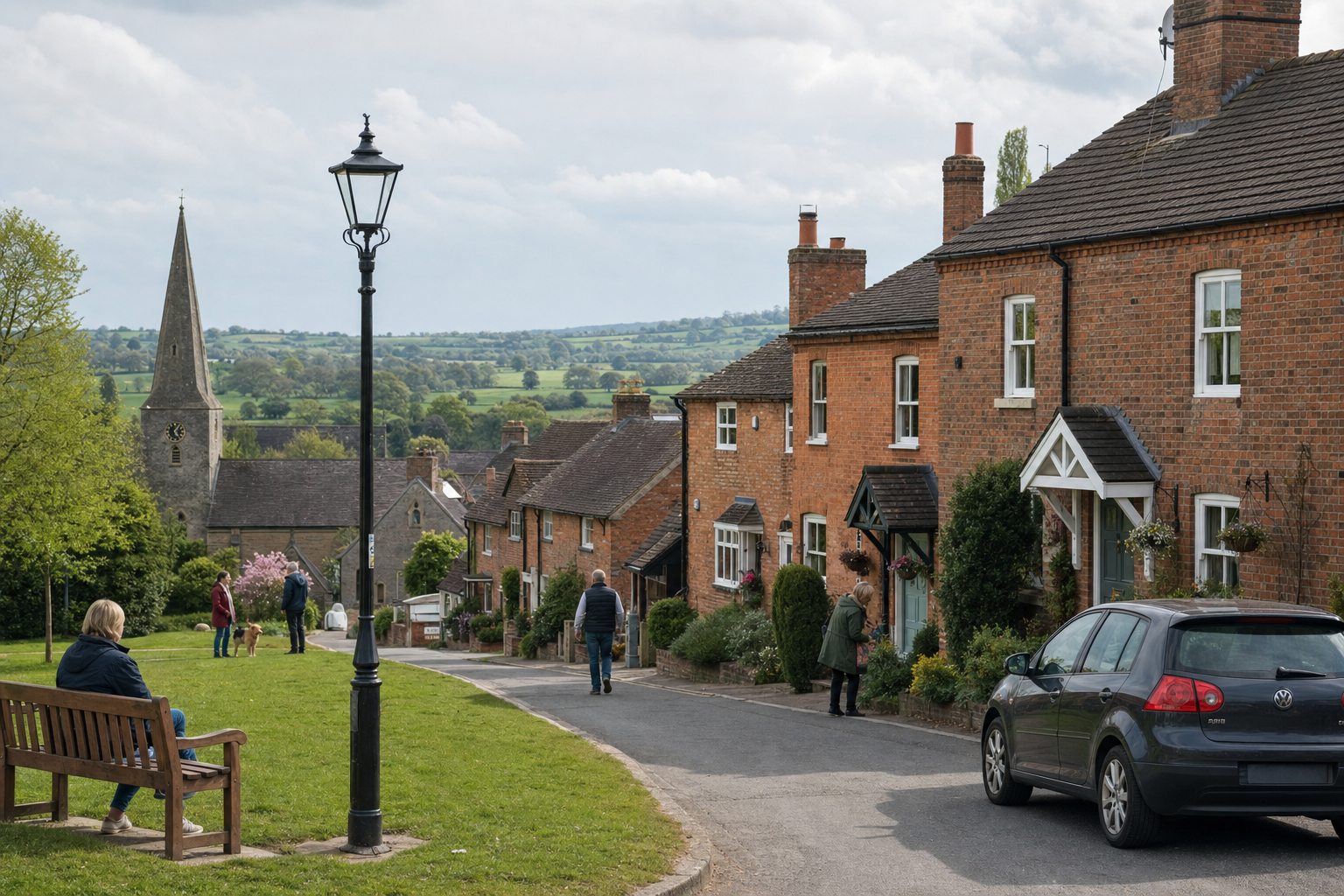 Brick cottages line a quaint English village street with a church spire and distant rolling hills.