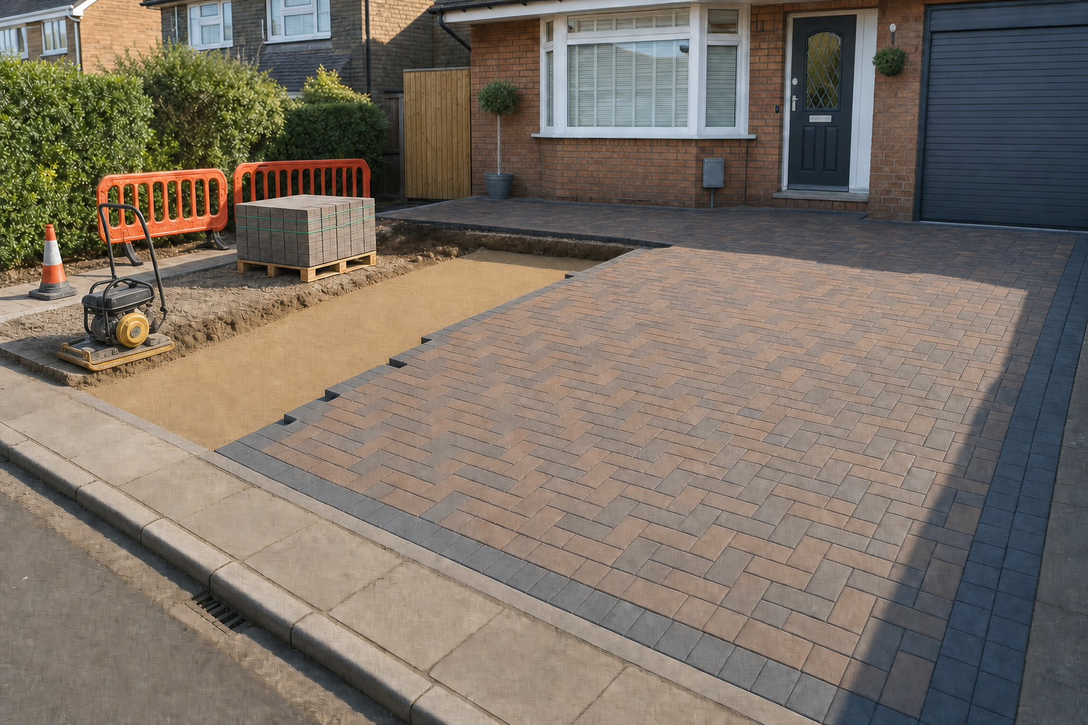 Half-finished block paving driveway with construction materials and equipment visible near a brick house.