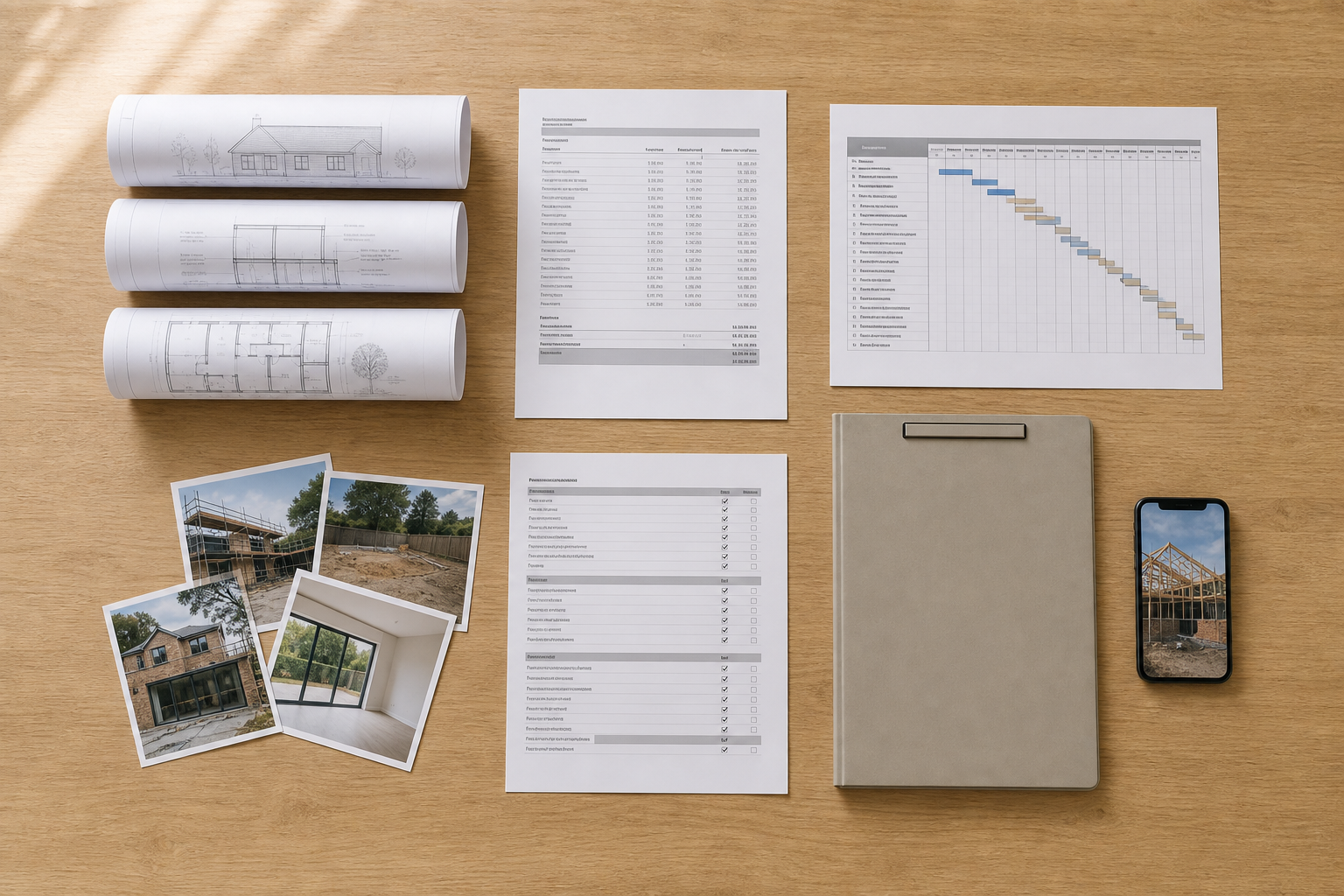 Aerial view of building plans, construction photos, a Gantt chart, and a smartphone atop a wooden table.