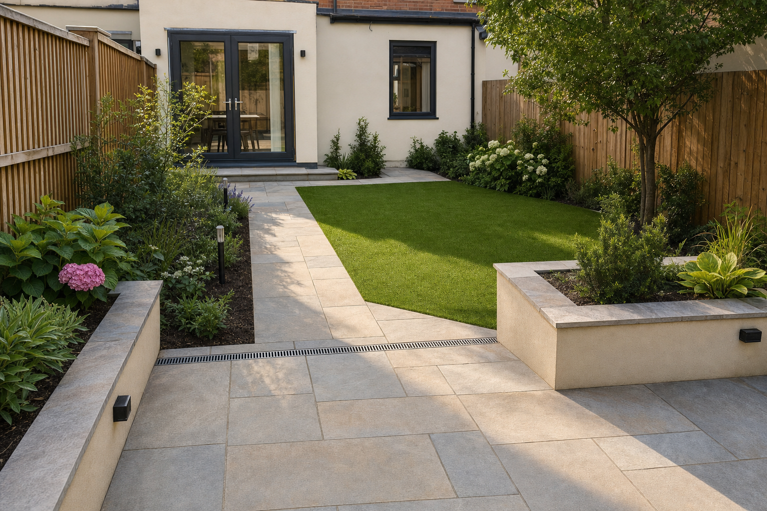 A modern landscaped garden with stone paving, green lawn, and a variety of plants near a house with glass doors.