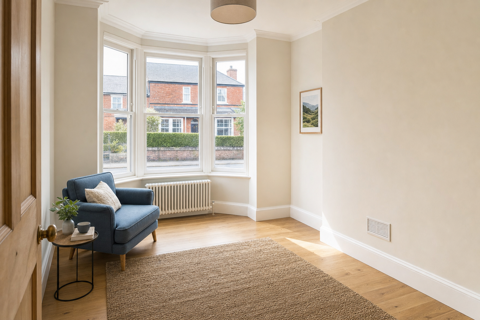 Cosy corner in a bright room with a blue armchair, wooden floor, and bay window overlooking brick houses.