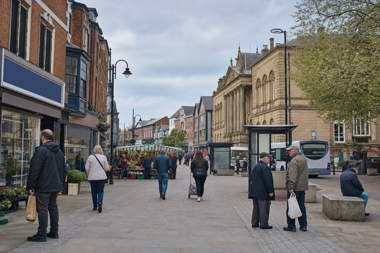 People stroll through a bustling market street with historic buildings and market stalls.