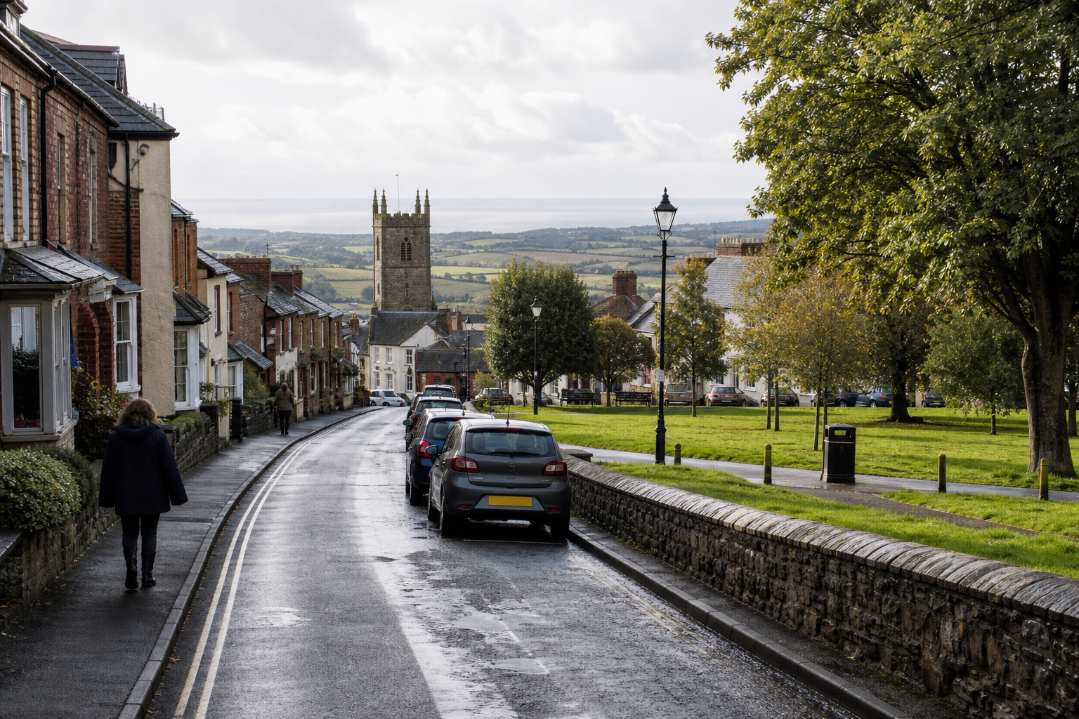 A wet street with parked cars leads to a church tower, with a pedestrian and greenery under a cloudy sky.