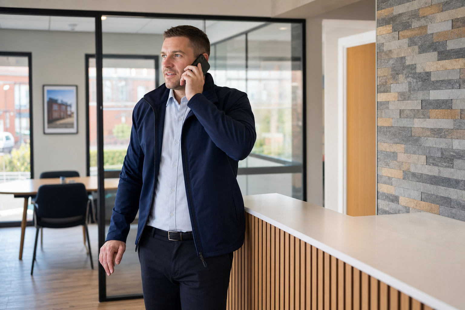Man in a blue jacket talking on a mobile phone in a modern office setting.