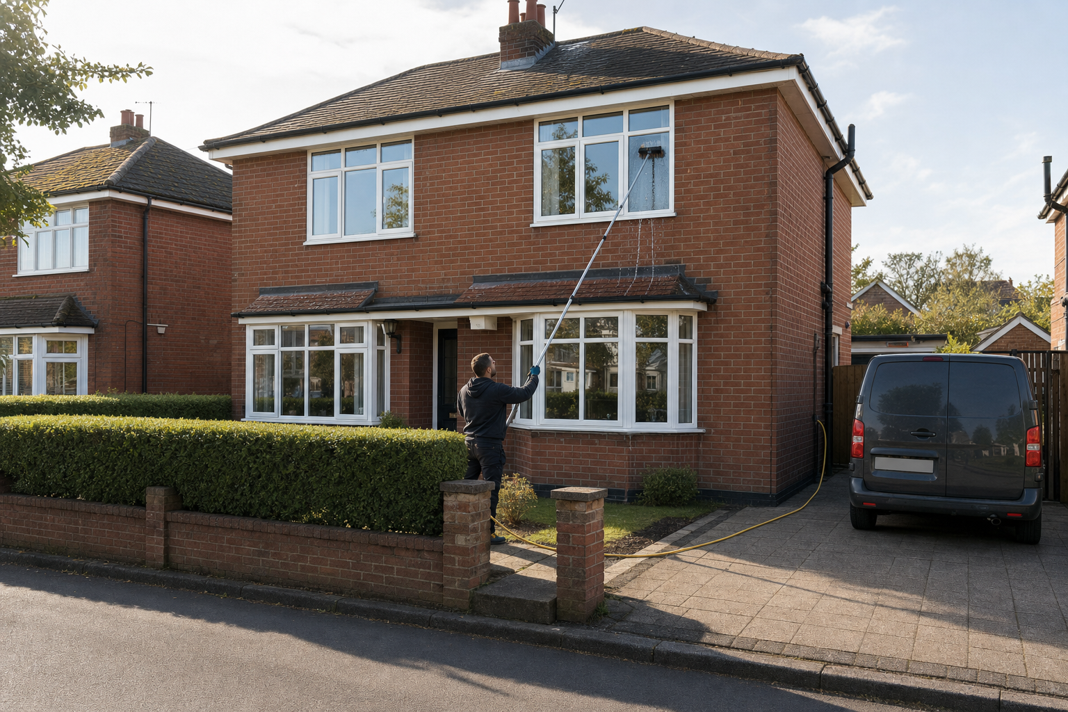 A person cleans the first-floor windows of a two-storey brick house using a long pole in a suburban neighbourhood.