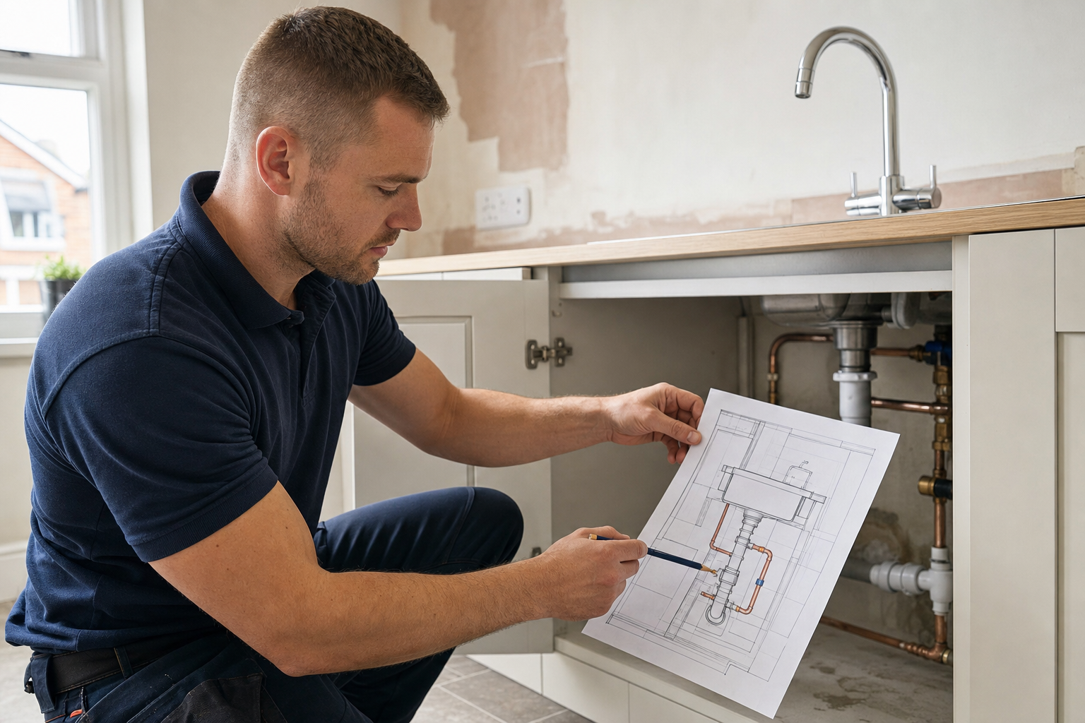 A plumber examines a blueprint while installing pipes under a kitchen sink.