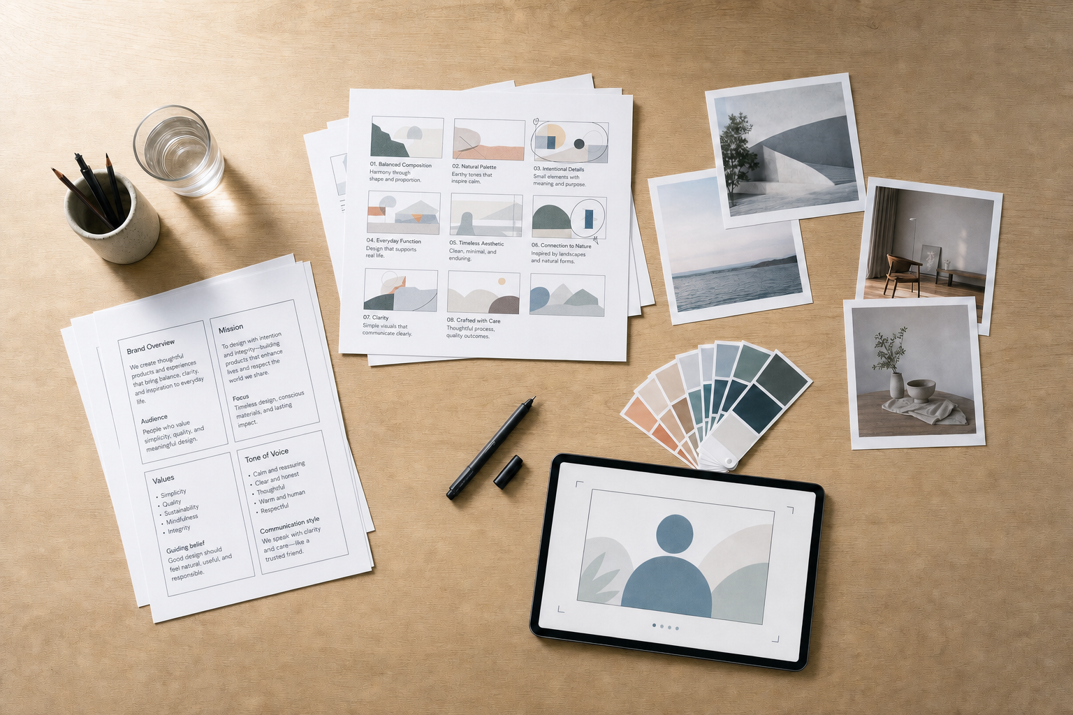 Design workspace with brand overview documents, colour swatches, photos, pencils, a tablet, and a glass of water on a wooden desk.