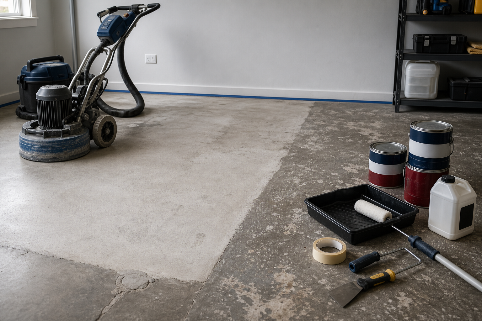 Concrete floor being prepped for painting with sanding machine and paint supplies nearby.