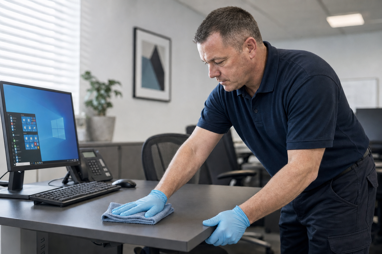 Man wearing gloves cleaning an office desk with a cloth next to a computer.