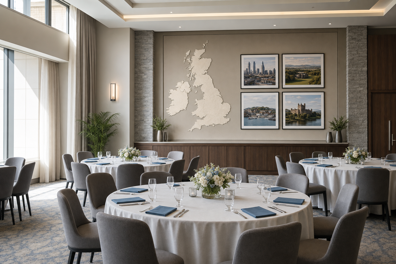 Elegant dining room with round tables set for an event, featuring a map of the UK and framed landscapes on the wall.