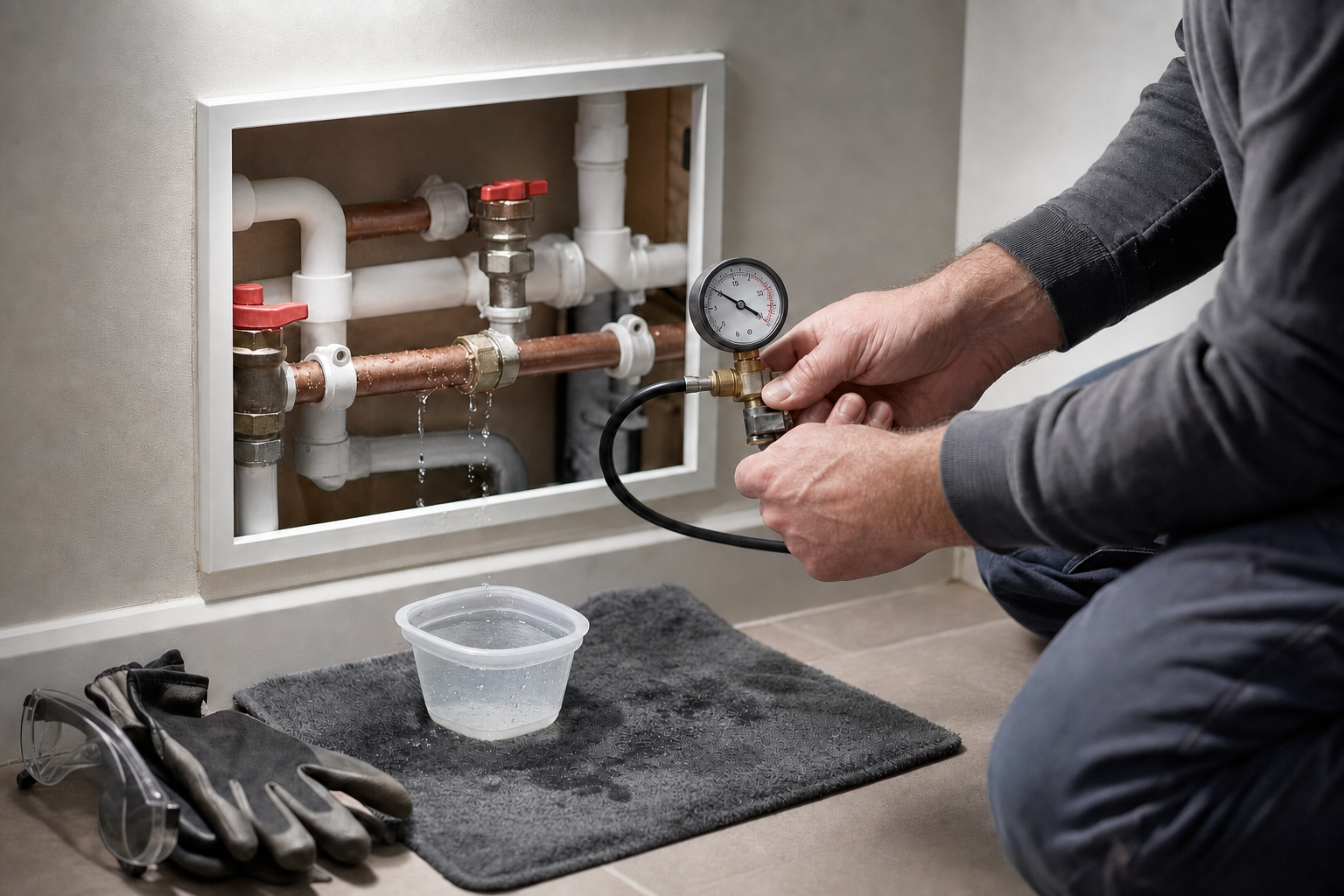 A person checks water pressure in pipes leaking into a container, with gloves and goggles nearby.
