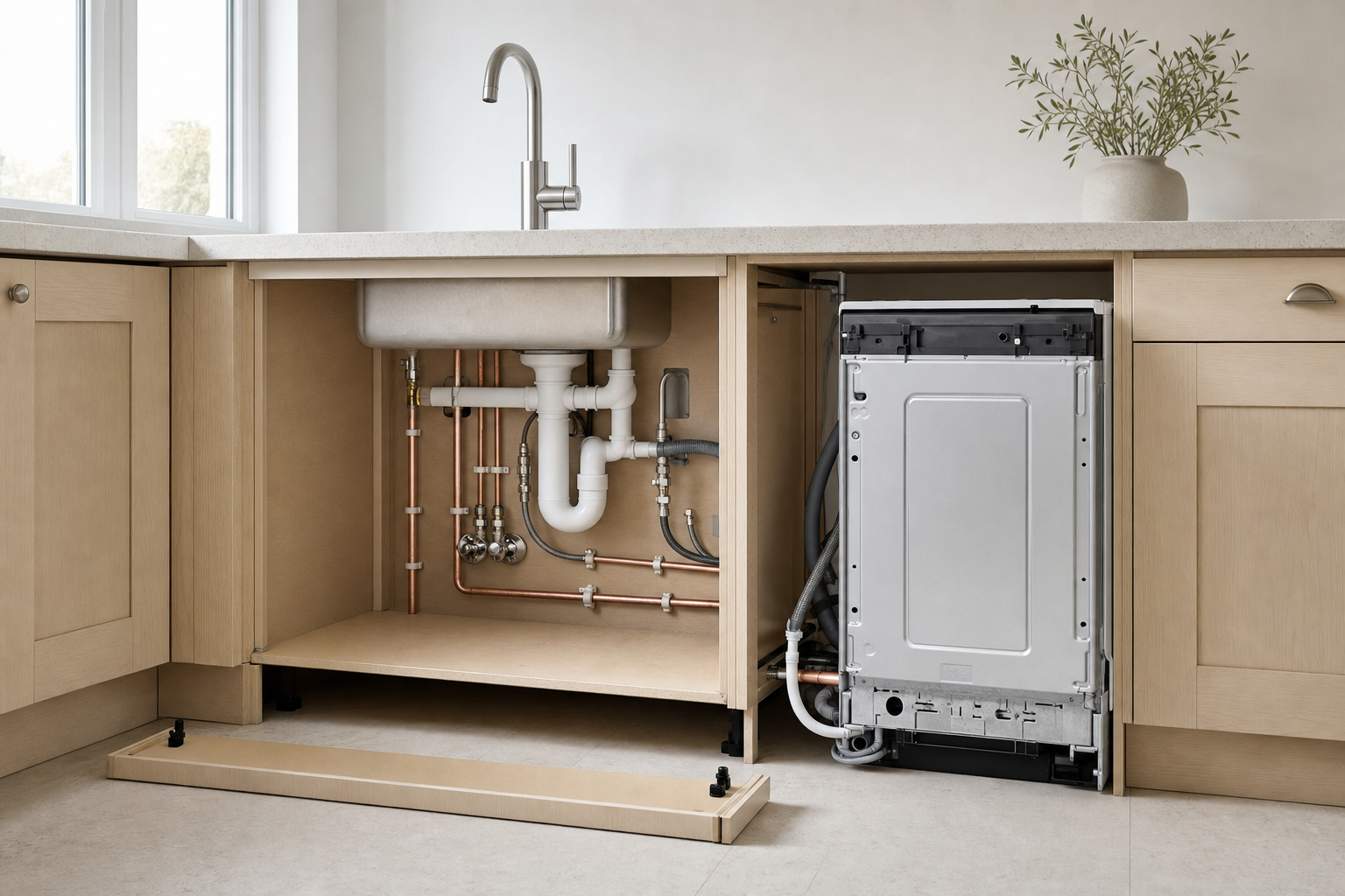 A modern kitchen under-sink plumbing system and an exposed dishwasher in fitted cabinetry with minimalistic design.