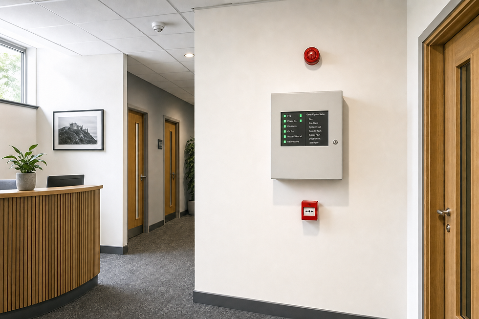 Office hallway with a wooden reception desk, fire alarm panel, and multiple doors.