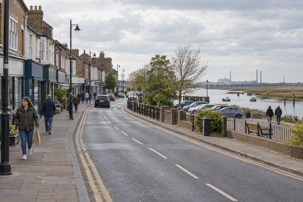 People walking along a riverside street with shops on one side and a river view on the other under a cloudy sky.