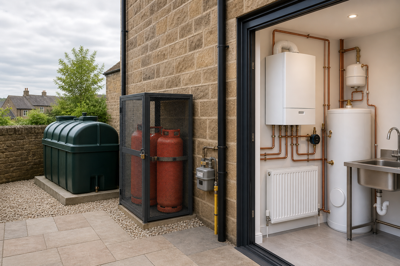 Modern boiler room with pipes, a utility sink, outdoor gas cylinders, and a large green storage tank.