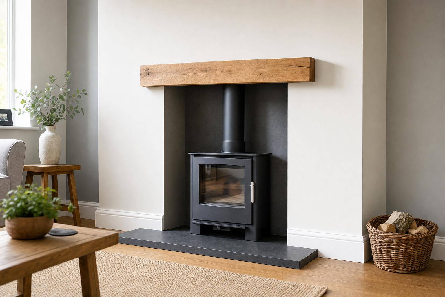 Modern black wood-burning stove with a wooden mantel, surrounded by minimalist decor.
