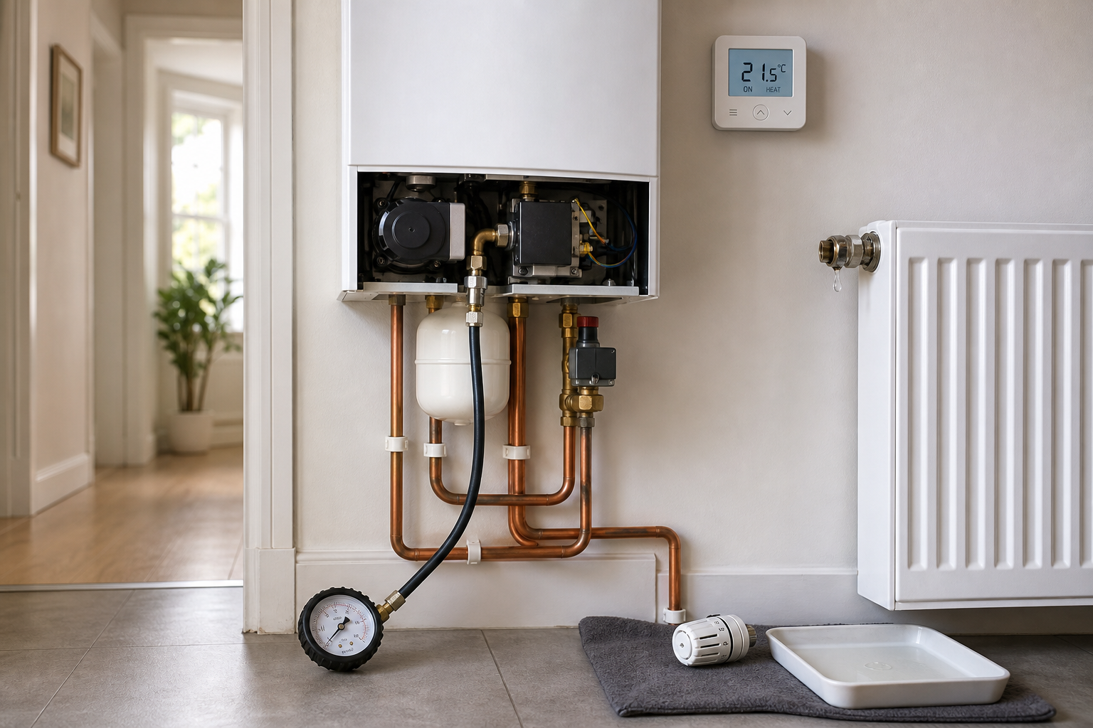 Wall-mounted boiler system with exposed copper pipes and a thermostat displaying 21.5°C.